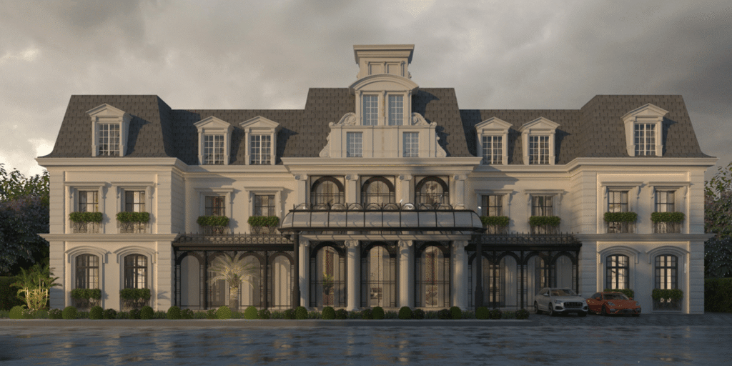 Simran Boparai's neoclassical mansion showcasing luxury architecture with classic columns and modern design elements.