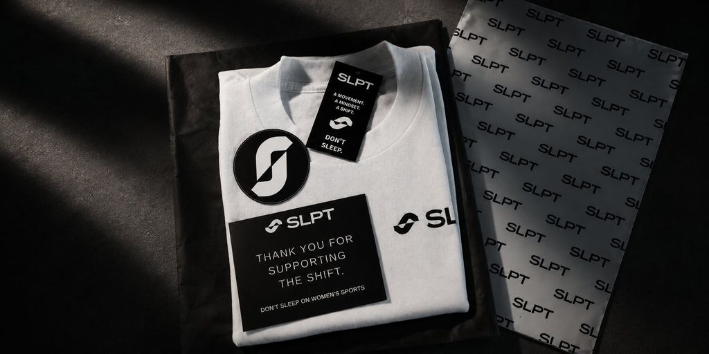 Folded SLPT T-shirt and branded packaging representing the movement to elevate women’s sports.