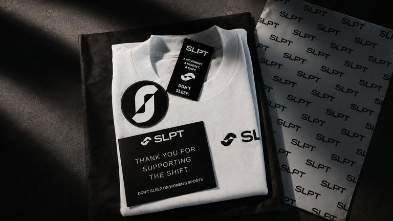 Folded SLPT T-shirt and branded packaging representing the movement to elevate women’s sports.
