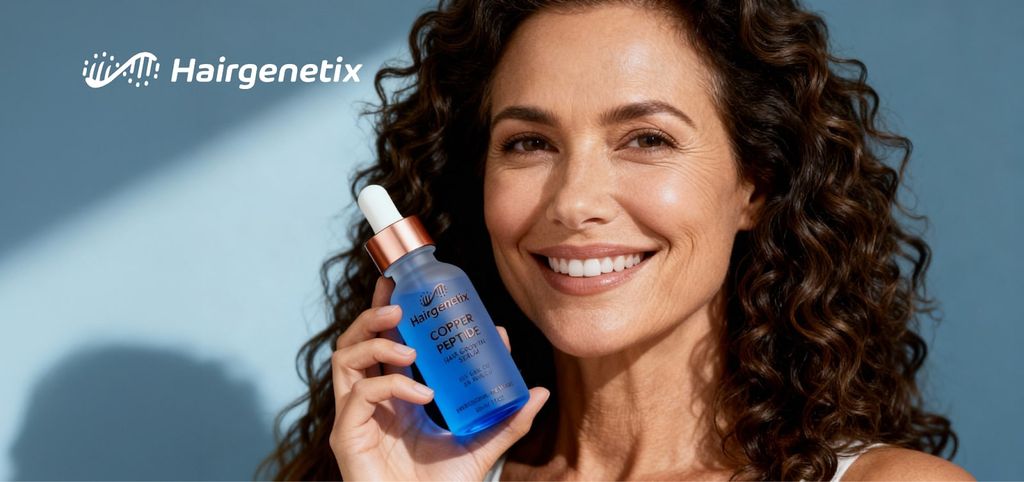 A woman smiling with curly hair, holding Hairgenetix Copper Peptide Hair Growth Serum, promoting healthy hair revival.