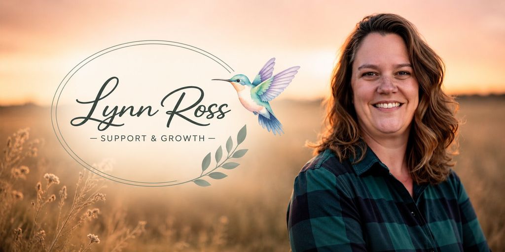 Lynn Ross smiling in a field at sunset beside Lynn Ross Support & Growth logo and hummingbird illustration.