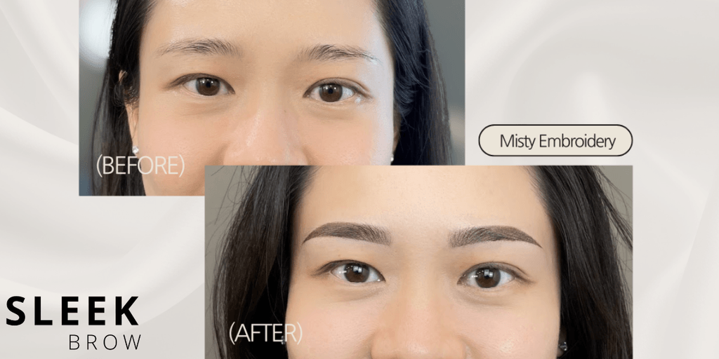 Before and after eyebrow embroidery transformation showcasing sleek, natural brows.