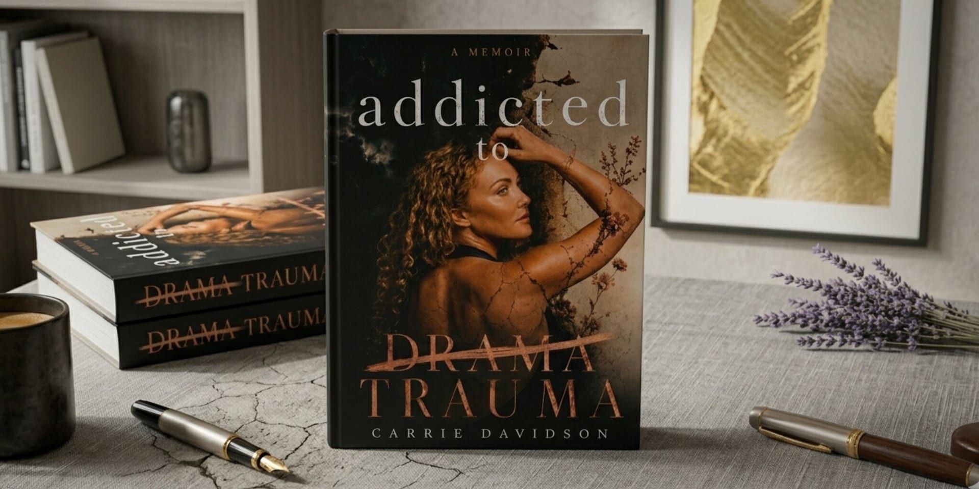 Memoir book “Addicted to Drama Trauma” displayed on desk with books, pens, coffee, and lavender.