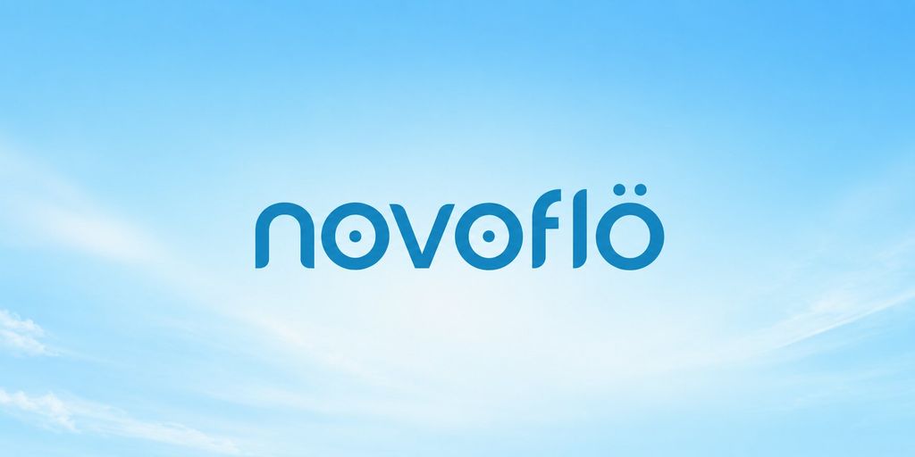 Novoflö logo centered against a bright blue sky with soft clouds.