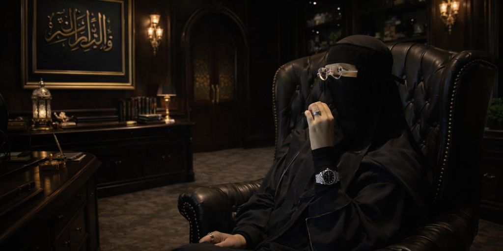 A woman in an elegant black abaya with a niqab sits in a luxurious office, showcasing a confident and thoughtful expression.