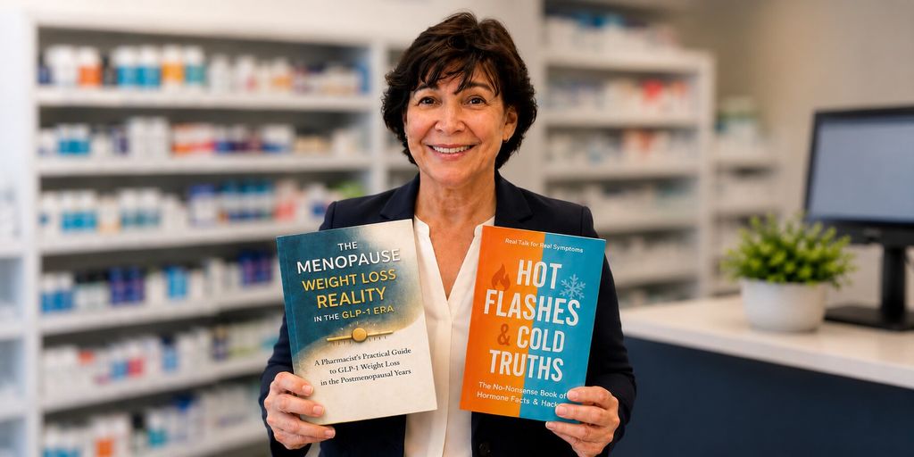 Dr. Leott in a pharmacy holding books on menopause, hormone health, and midlife wellness.