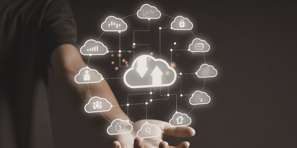 Cloud computing network with connected digital service icons.