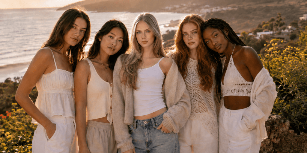 Five diverse young women posing together on a coastal hillside at golden hour, wearing light neutral outfits.