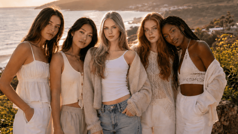 Five diverse young women posing together on a coastal hillside at golden hour, wearing light neutral outfits.