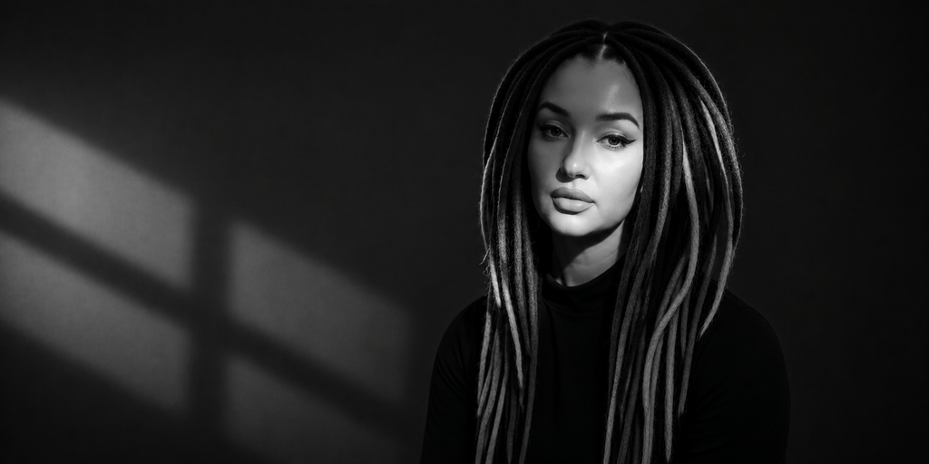 Black-and-white portrait of woman with long dreadlocks, soft lighting, calm expression against dark background