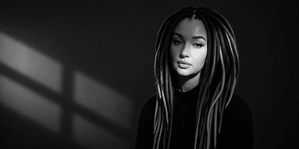 Black-and-white portrait of woman with long dreadlocks, soft lighting, calm expression against dark background