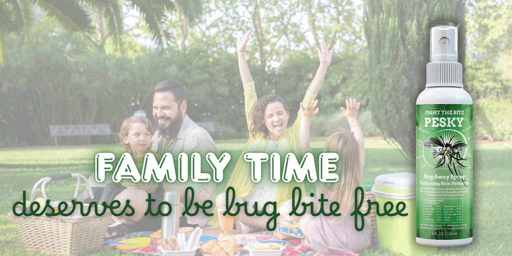 A family enjoying a picnic outdoors, protected by PESKY® Bug Away Spray, ensuring a bug-free, memorable time together.