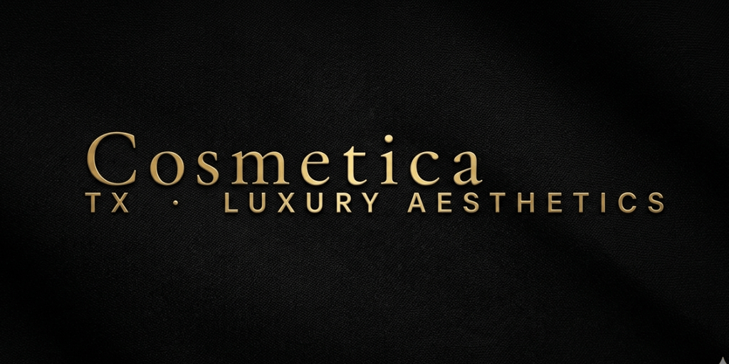 Cosmetica TX Luxury Aesthetics gold logo on black textured background.