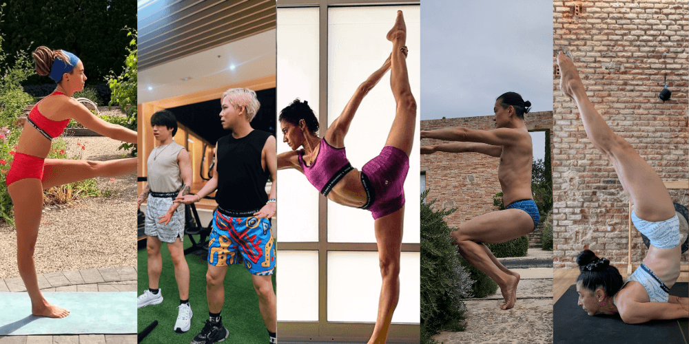 Five yogis performing vibrant poses in bold iSquared Yoga wear, showcasing strength, balance, and flexibility in diverse settings.