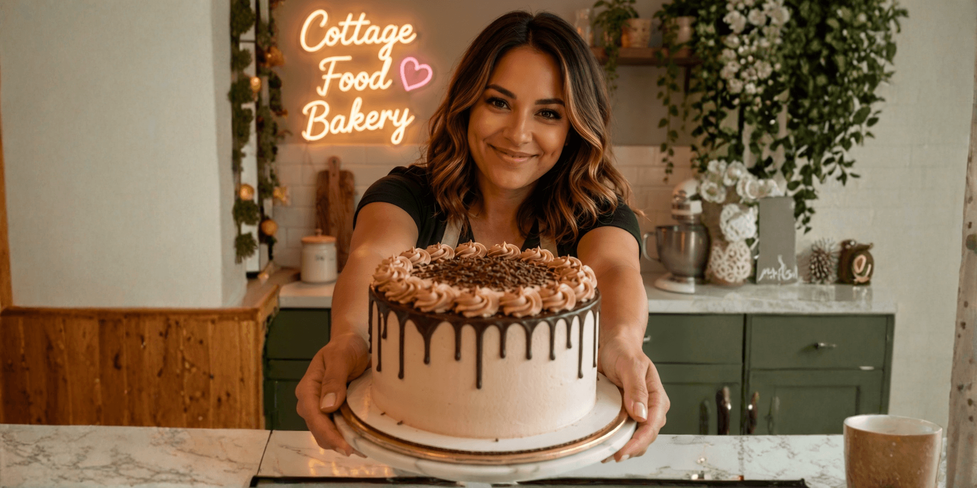 Woman presenting a chocolate drip cake inside Cottage Food Bakery kitchen.