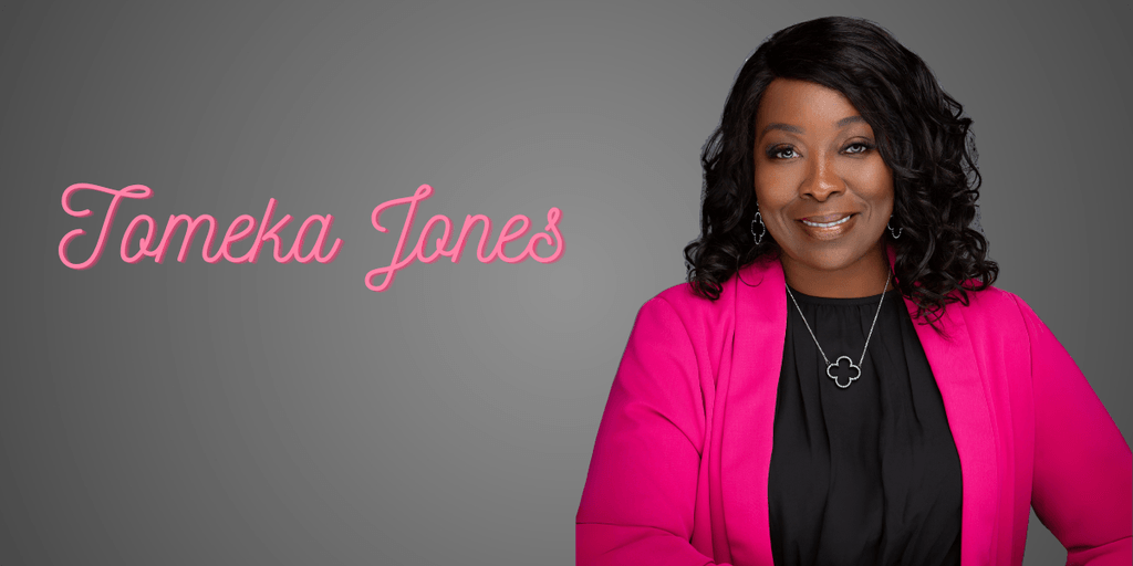 Tomeka Jones in a pink blazer, smiling confidently beside her name, representing Flawless Life Coaching.