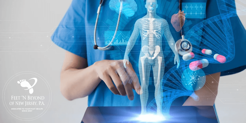 Healthcare professional using tablet displaying holographic human skeleton, DNA strand, heart, and pills.