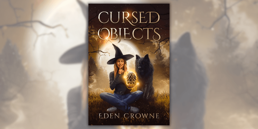 Cover of 'Cursed Objects' by Eden Crowne featuring a witch holding a glowing artifact with a wolf in the background.