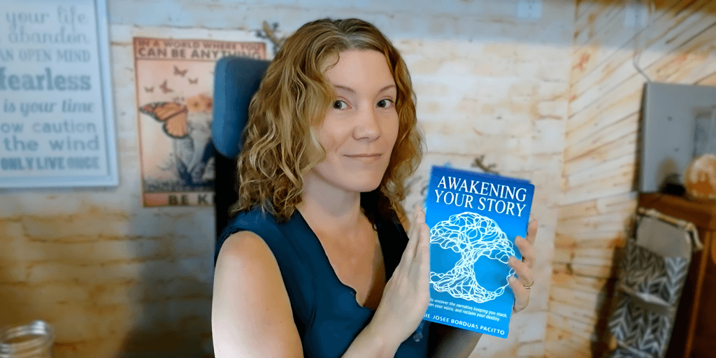 Marie-Josée Borduas holding *Awakening Your Story*, promoting her Story Alchemy movement to help others rewrite their narratives.