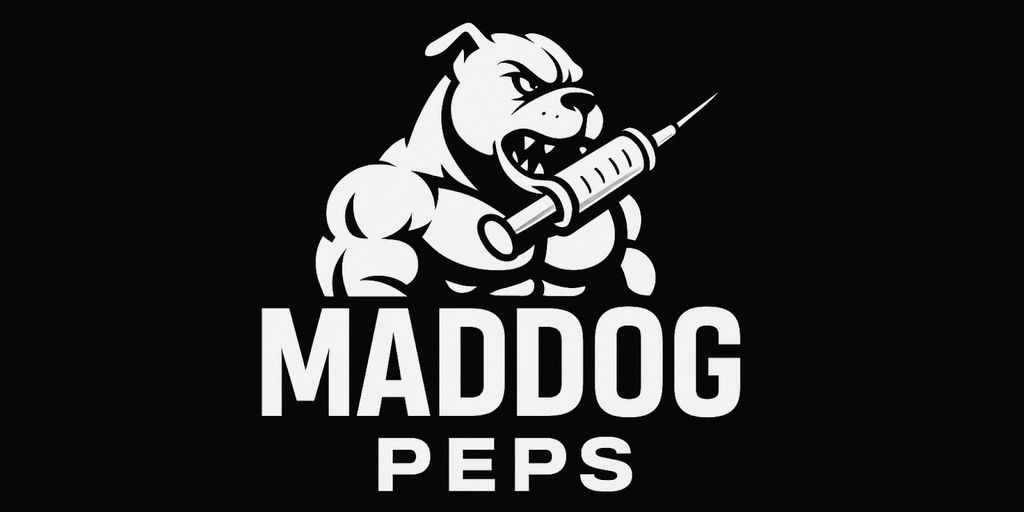 Logo of MADDOG Peps featuring a muscular bulldog with a syringe in its mouth, symbolizing strength, precision, and transparency.