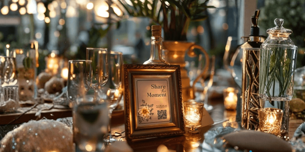 Elegant event table with candles, glassware, and a framed QR code, inviting guests to share photos in real-time.