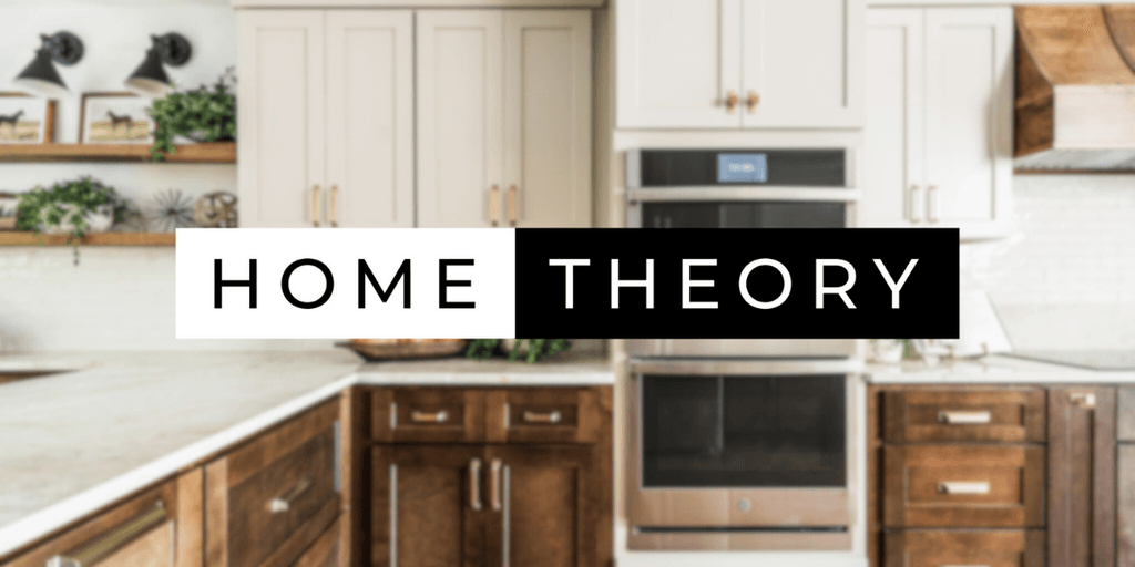 Home Theory logo over a beautifully designed kitchen, symbolizing transformation and personalized design.