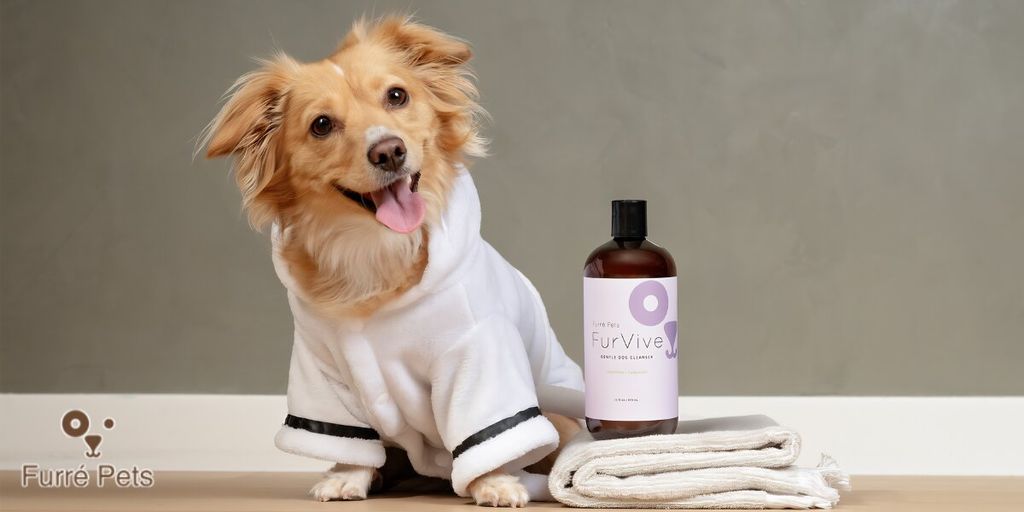 Smiling dog in white robe beside FurVive gentle dog cleanser and folded towel.