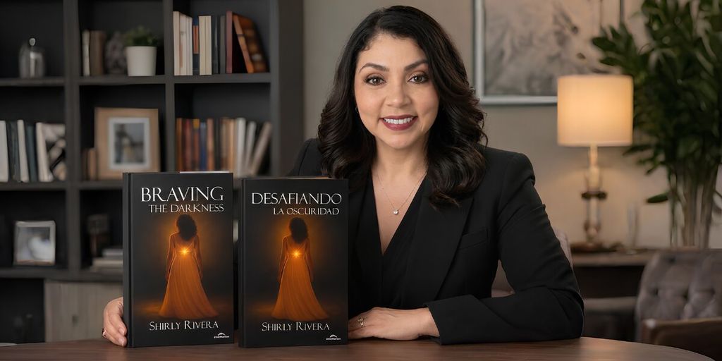 Shirly Rivera poses with her books, Braving the Darkness and Desafiando la Oscuridad, in an office setting.