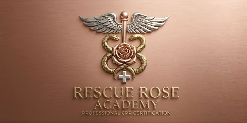 Logo for Rescue Rose Academy features a winged staff with intertwined gold snakes around a rose and a cross, symbolizing health. Text reads, "Professional CPR Certification."