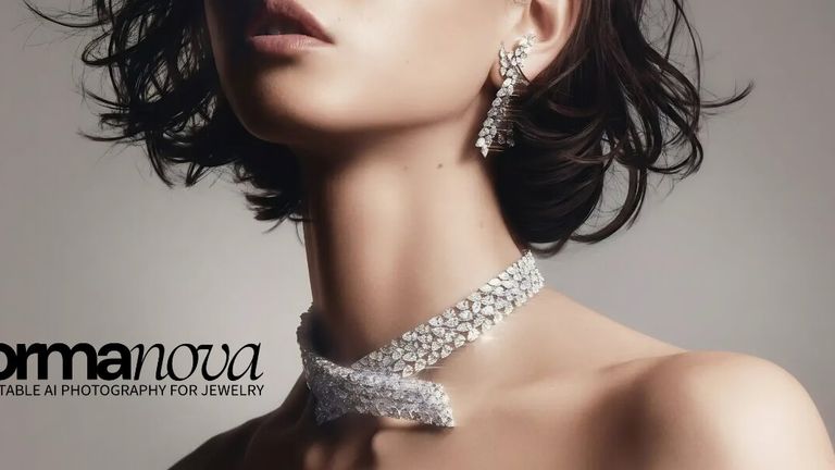 A close-up of a woman wearing an elegant diamond necklace and matching earrings, with an expression of sophistication. Hair is styled in loose waves.