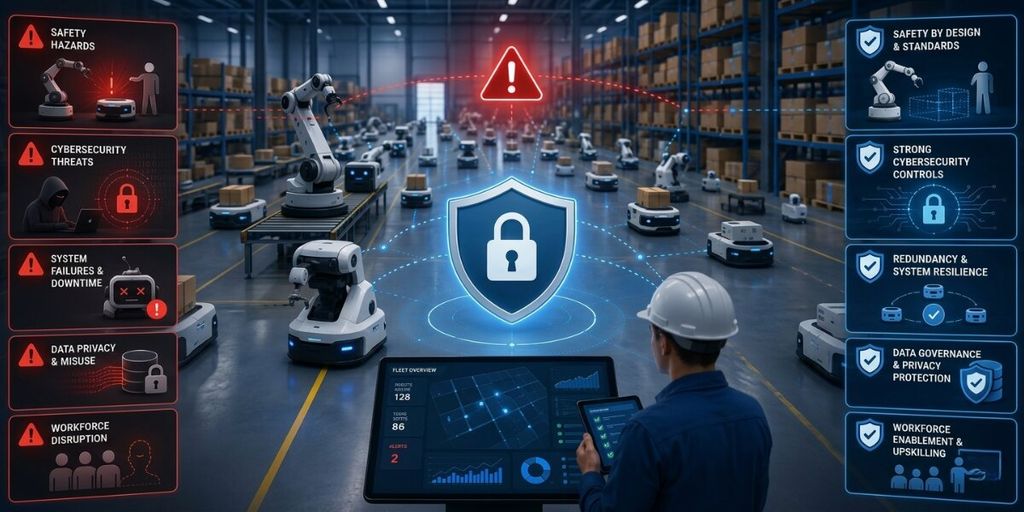 Warehouse robot fleet with cybersecurity shield, risk warnings, and human operator monitoring autonomous systems.
