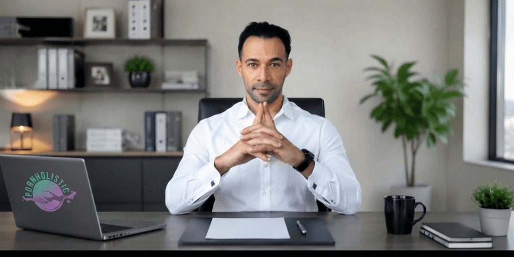 Man in a white shirt seated at a desk with a laptop displaying the Pormholistica logo.