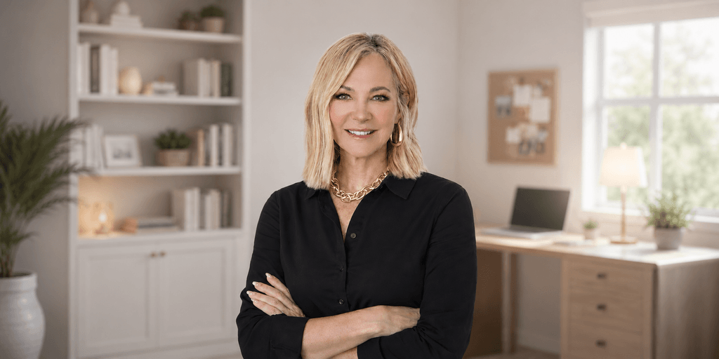 Professional headshot of a smiling blonde woman in a black blouse standing in a bright home office.