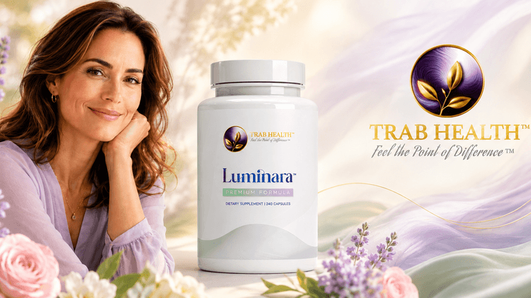 Woman beside a Trab Health Luminara supplement bottle with Trab Health logo and floral background.