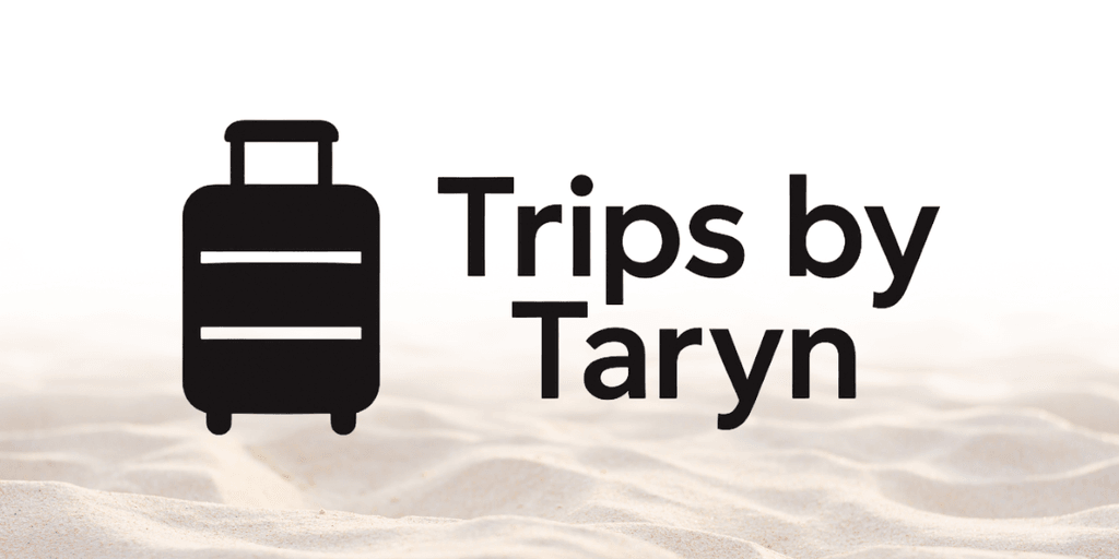 Trips by Taryn logo with a suitcase icon displayed over a sandy background.
