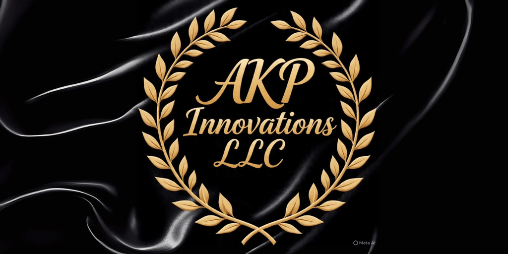 AKP Innovations LLC logo featuring a golden laurel wreath on a black background, symbolizing excellence and innovation.