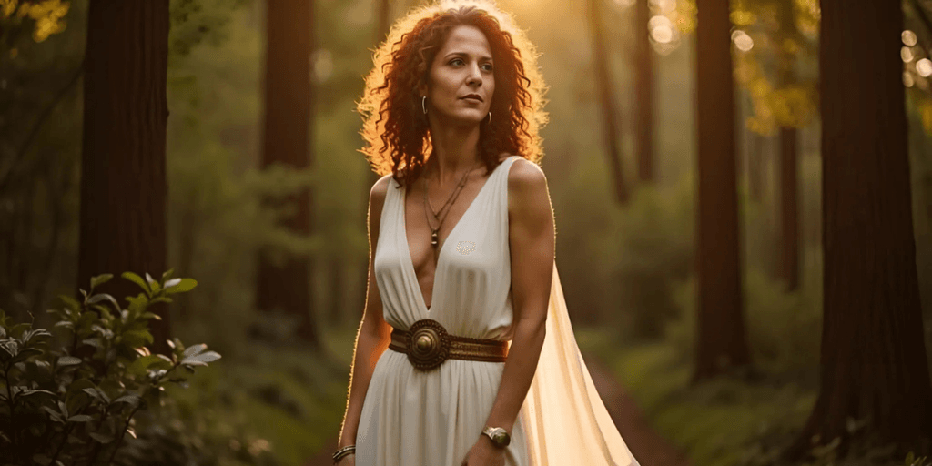 Woman in flowing white dress stands in sunlit forest, symbolizing spiritual awakening and inner transformation.