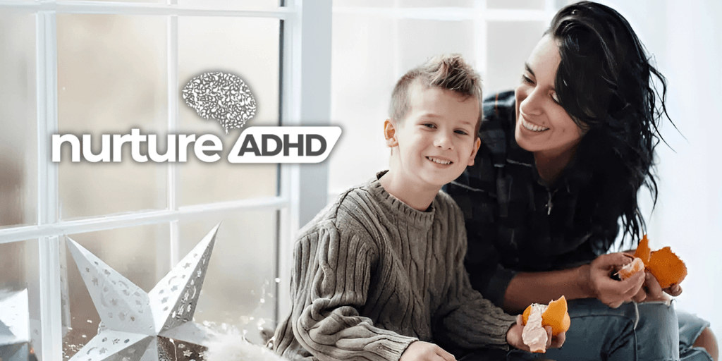 Smiling mother and son share oranges by a window with “Nurture ADHD” logo beside them.