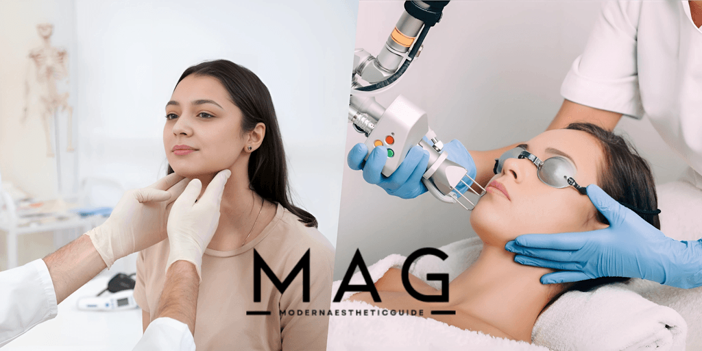 Aesthetic consultation and treatment in progress, featuring a professional assessing a client's chin and applying a laser device, with the Modern Aesthetic Guide (MAG) logo in the center.