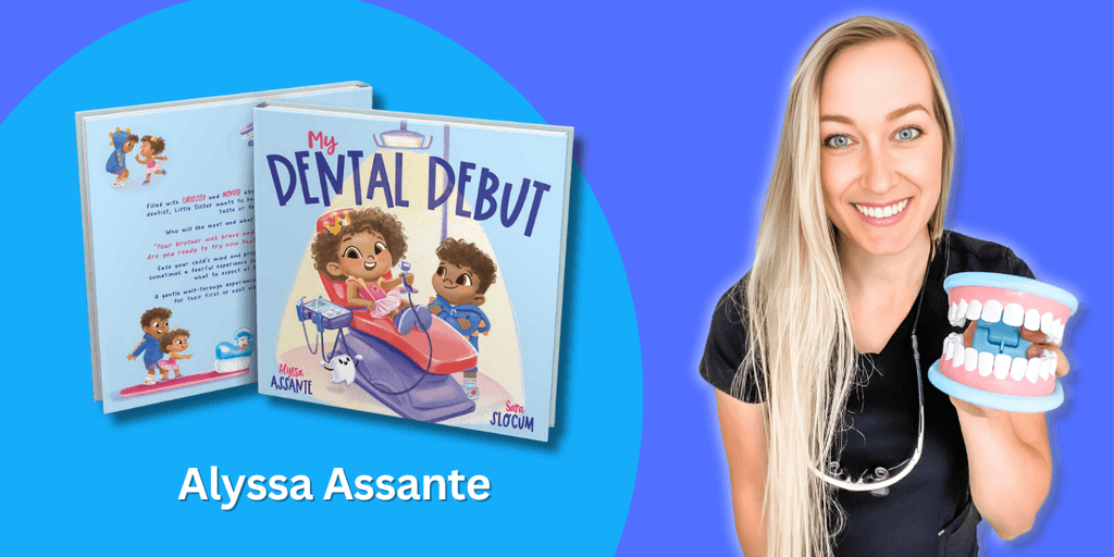Image ALT Text Generator said: Alyssa Assante with her book My Dental Debut, promoting dental education for kids.
