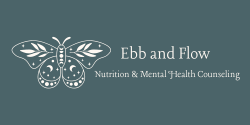 Logo for Ebb and Flow Nutrition & Mental Health Counseling featuring a stylized butterfly with stars and moons.