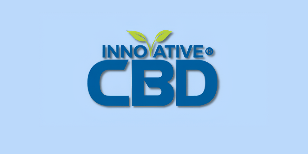 Logo of Innovative CBD in bold blue letters, with a leaf graphic above the 'I' representing the brand’s focus on organic CBD products and its commitment to natural, plant-based wellness.