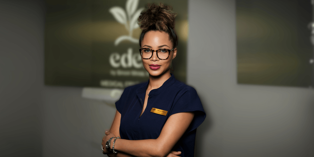 Dr. Siroon Minas, a renowned plastic surgeon and skincare entrepreneur, poses confidently at EDEN Medical Center, showcasing her unique approach to beauty that emphasizes empowerment, individuality, and holistic well-being.