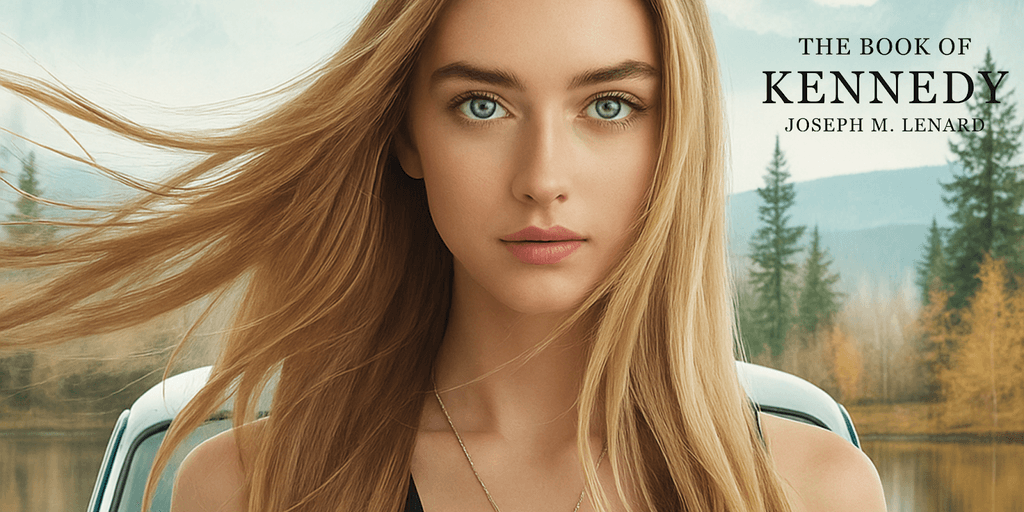 A young woman with long blonde hair stands near a classic car, with a mountainous landscape in the background.