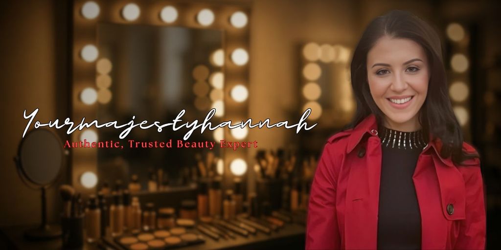 Yourmajestyhannah, authentic and trusted beauty expert, standing confidently in front of a vanity mirror with makeup tools, wearing a red coat and smiling.