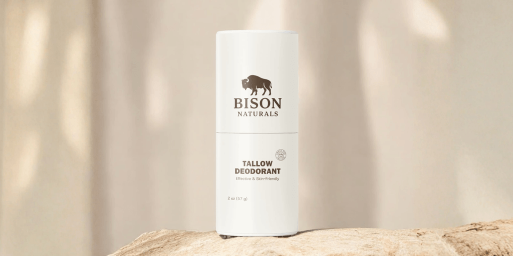 The image showcases Bison Naturals' Tallow Deodorant, representing the brand’s commitment to effective, pure, and natural skincare solutions.