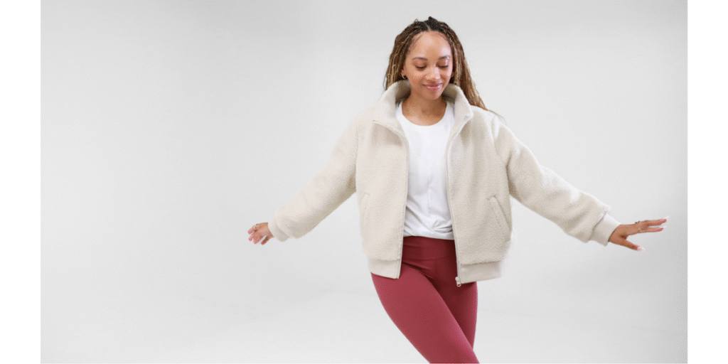 Model showcasing The Short Cut's debut collection, featuring comfortable, well-fitting clothes designed for short women under 5'3", promoting confidence and style