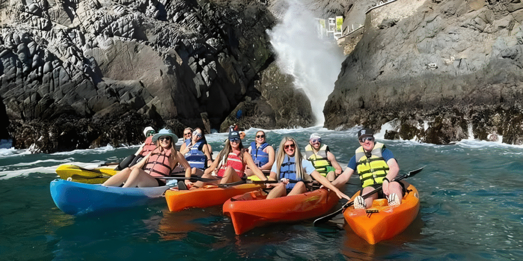 A group of friends enjoying a private, customizable kayaking excursion with Ensenada Excursions and Tours, showcasing the company’s focus on personalized, family-friendly adventures and local expertise.