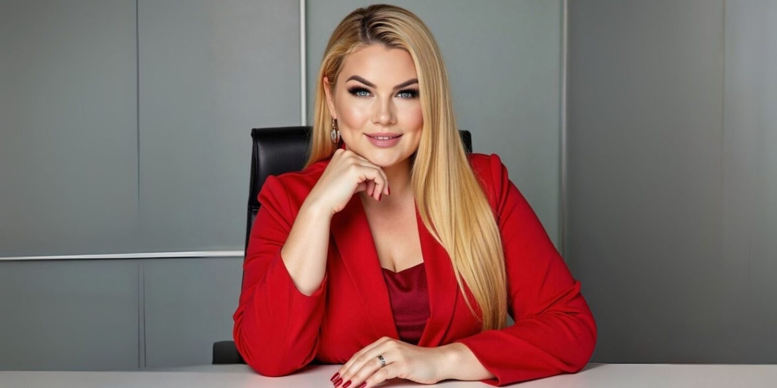 Smiling woman in a red suit sitting at a desk with her hand resting on her chin, in front of a neutral-colored background.