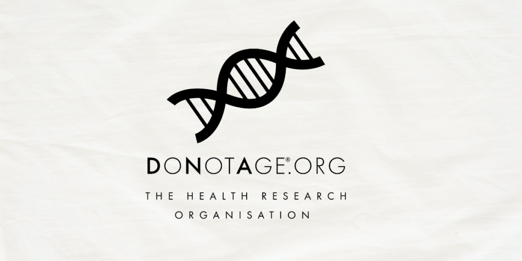 DNA logo with text “DoNotAge.org – The Health Research Organisation” on white background.
